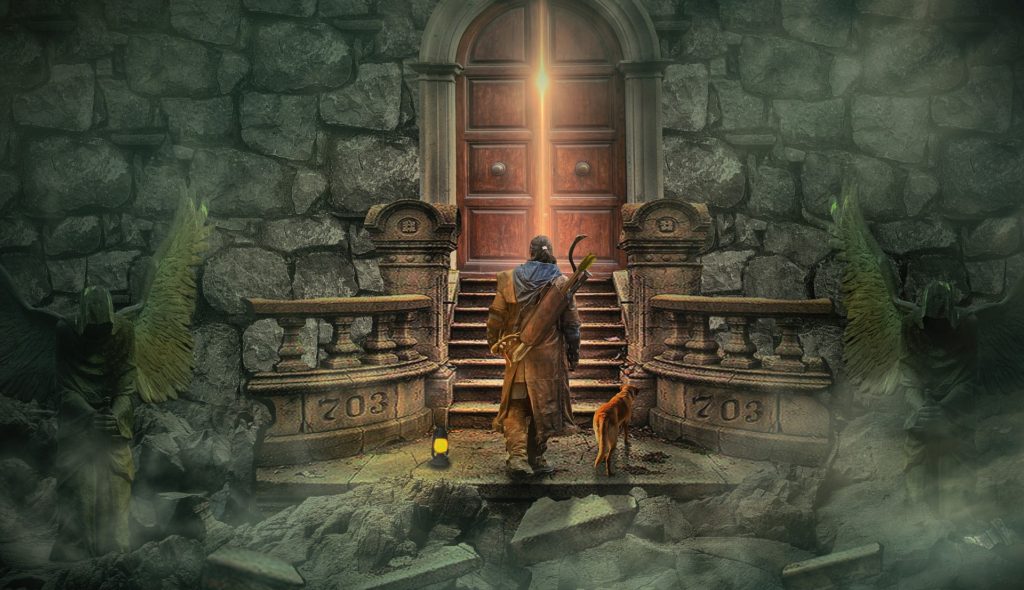 DnD Character Walking towards a mysterious door for post titled 6 Dungeons & Dragons Tips for New Players by Cult Adventures.